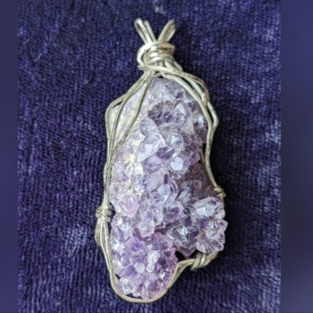 Vintage Silver Pendant With Large Natural Purple Amethyst Druzy Crystal